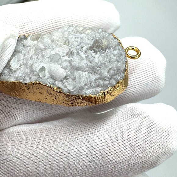 Smoke White Druzy Agate Geode Pendant 18K Gold Plated Boho Healing Crystal - Picture 13 of 16